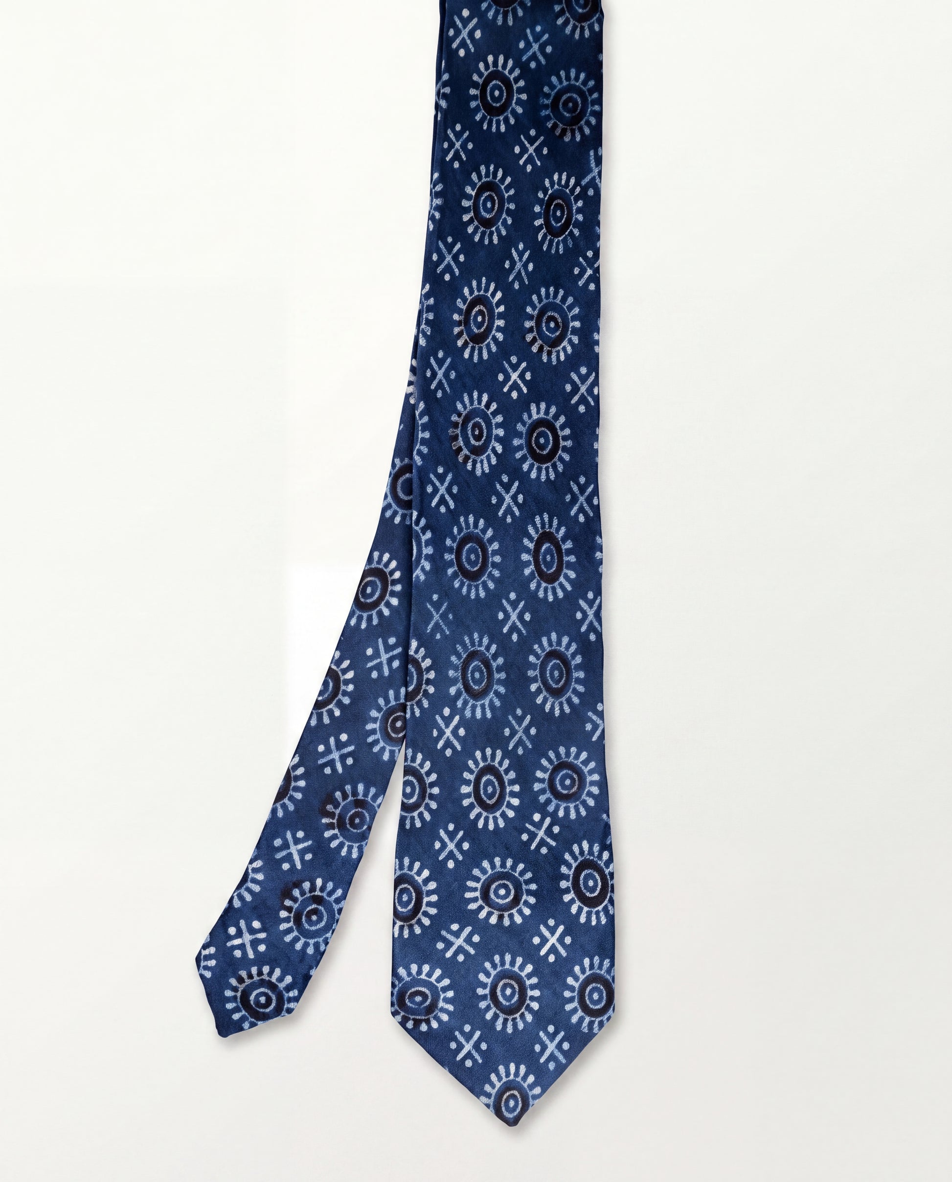 Indigo Blue Tribal Natural Dye Silk Necktie handcrafted with traditional hand block printed motifs on premium silk.