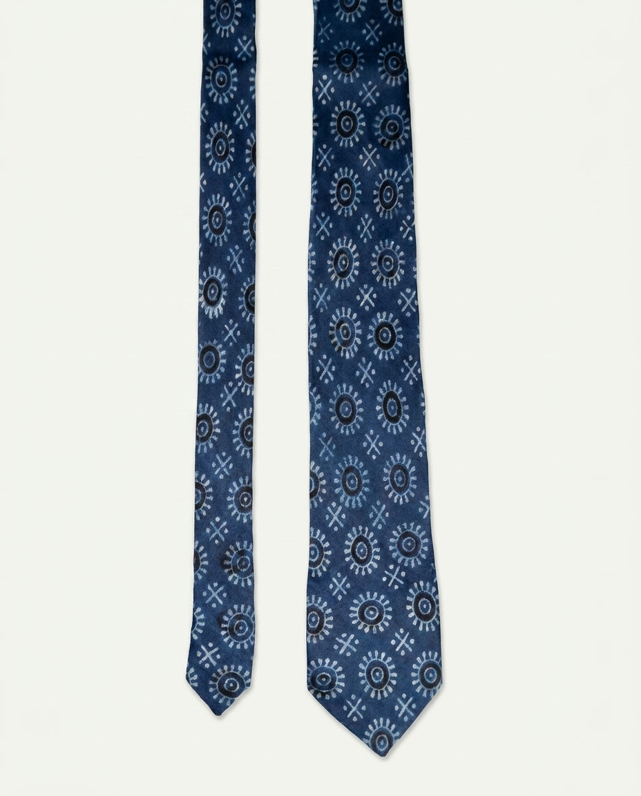 Indigo Blue Tribal Natural Dye Silk Necktie handcrafted with traditional hand block printed motifs on premium silk.