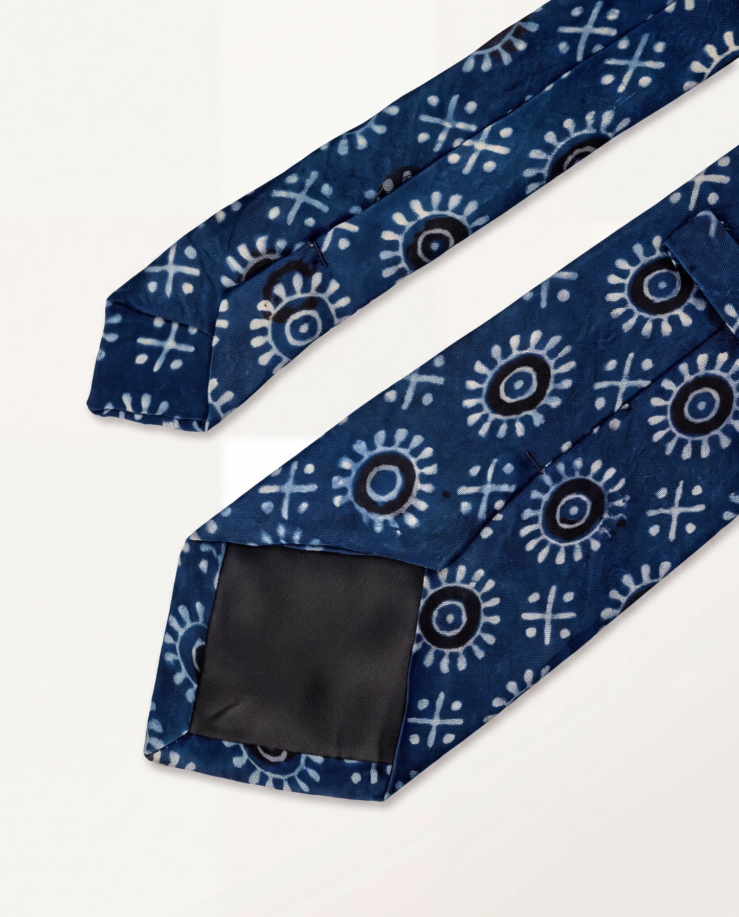 Indigo Blue Tribal Natural Dye Silk Necktie handcrafted with traditional hand block printed motifs on premium silk.