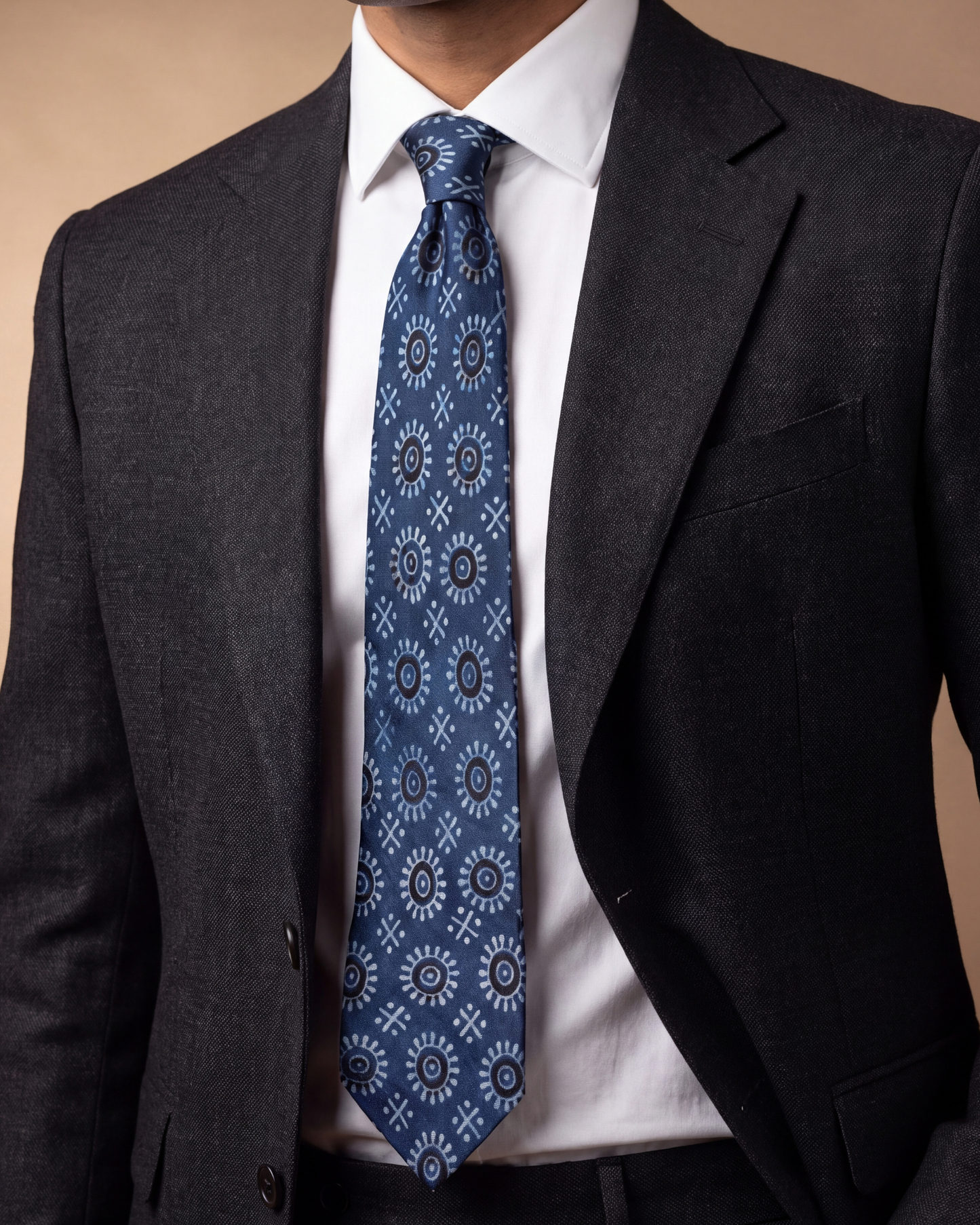 Indigo Blue Tribal Natural Dye Silk Necktie handcrafted with traditional hand block printed motifs on premium silk.