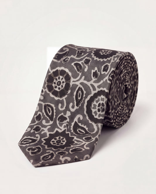Silver Ash Natural Dye Silk Necktie handcrafted from premium silk with elegant hand block printed floral motifs in silver grey and black.