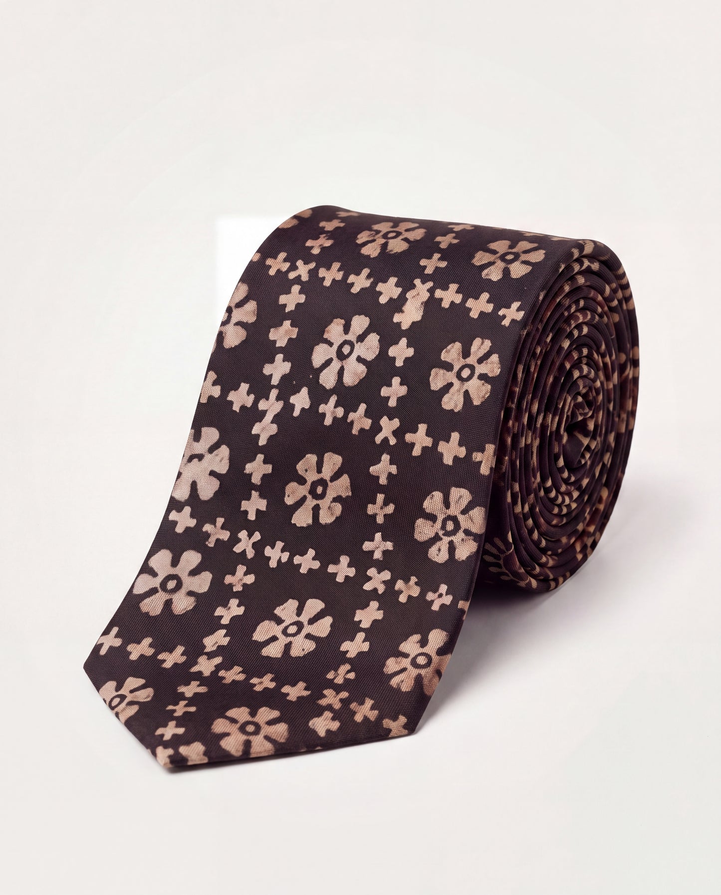 Rustic Mosaic Natural Dye Silk Necktie handcrafted from premium silk featuring a hand block printed mosaic-inspired floral pattern in deep brown and beige.