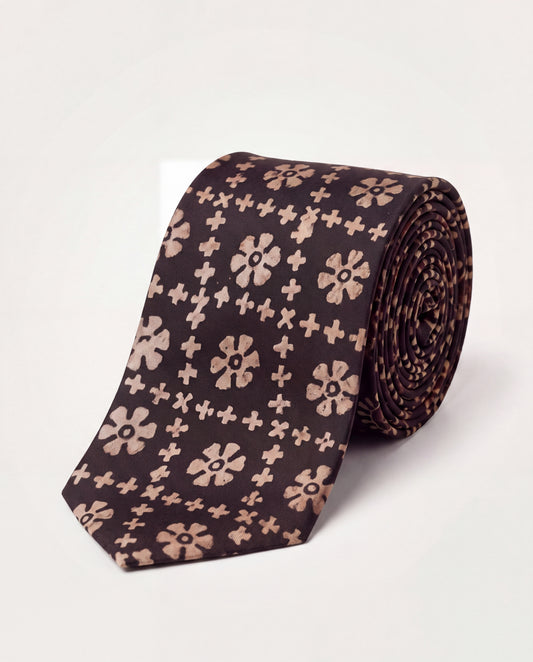 Rustic Mosaic Natural Dye Silk Necktie handcrafted from premium silk featuring a hand block printed mosaic-inspired floral pattern in deep brown and beige.