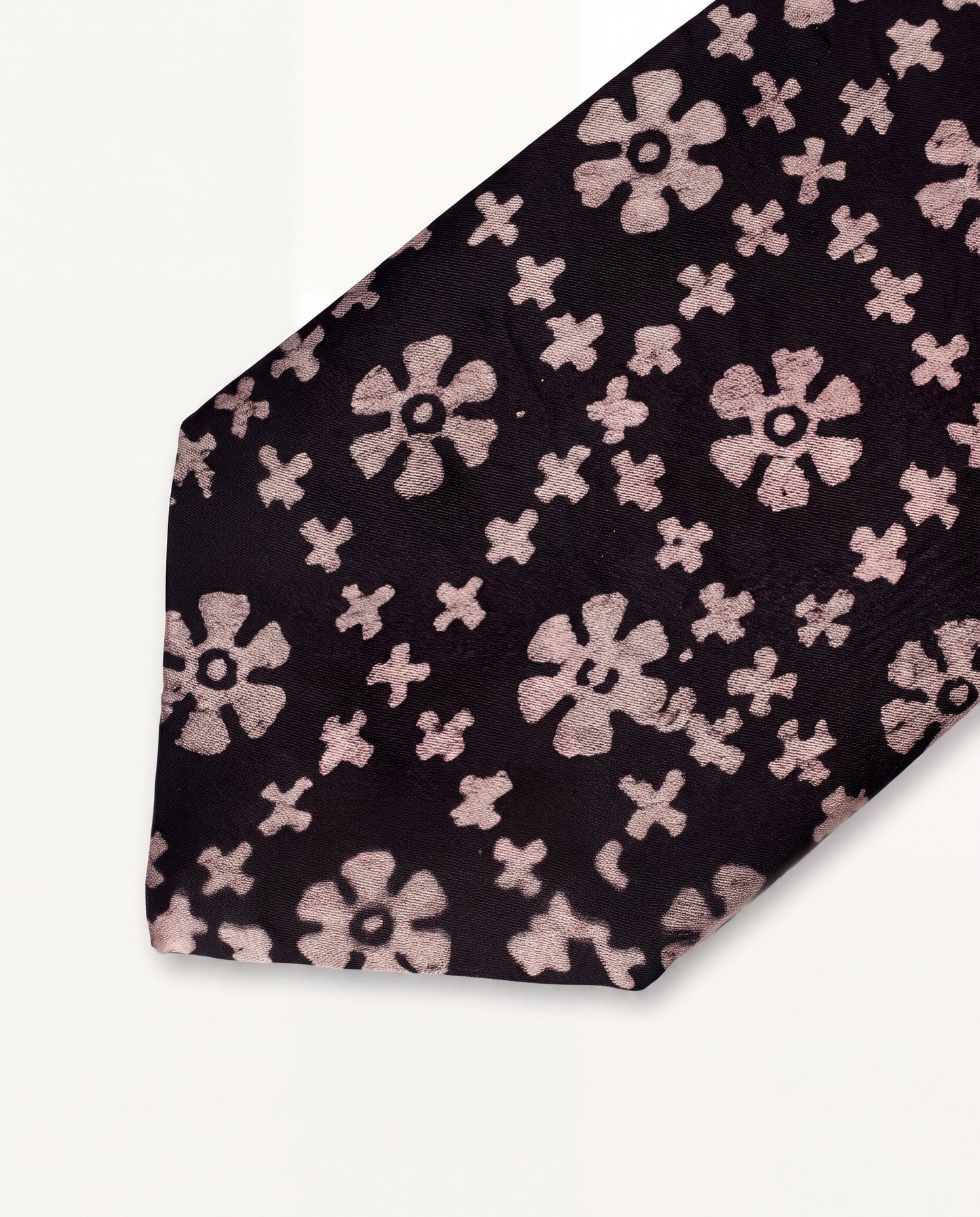 Rustic Mosaic Natural Dye Silk Necktie handcrafted from premium silk featuring a hand block printed mosaic-inspired floral pattern in deep brown and beige.
