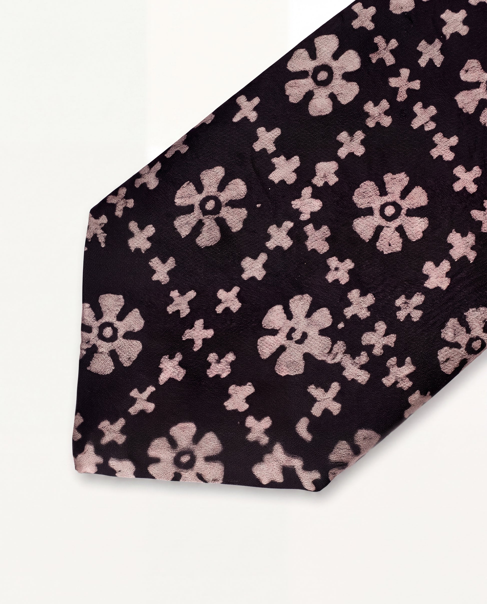 Rustic Mosaic Natural Dye Silk Necktie handcrafted from premium silk featuring a hand block printed mosaic-inspired floral pattern in deep brown and beige.