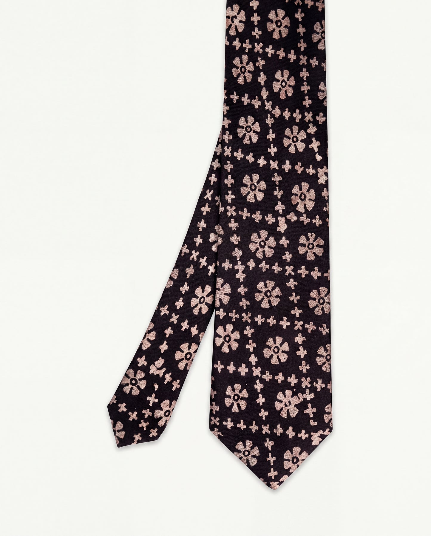 Rustic Mosaic Natural Dye Silk Necktie handcrafted from premium silk featuring a hand block printed mosaic-inspired floral pattern in deep brown and beige.