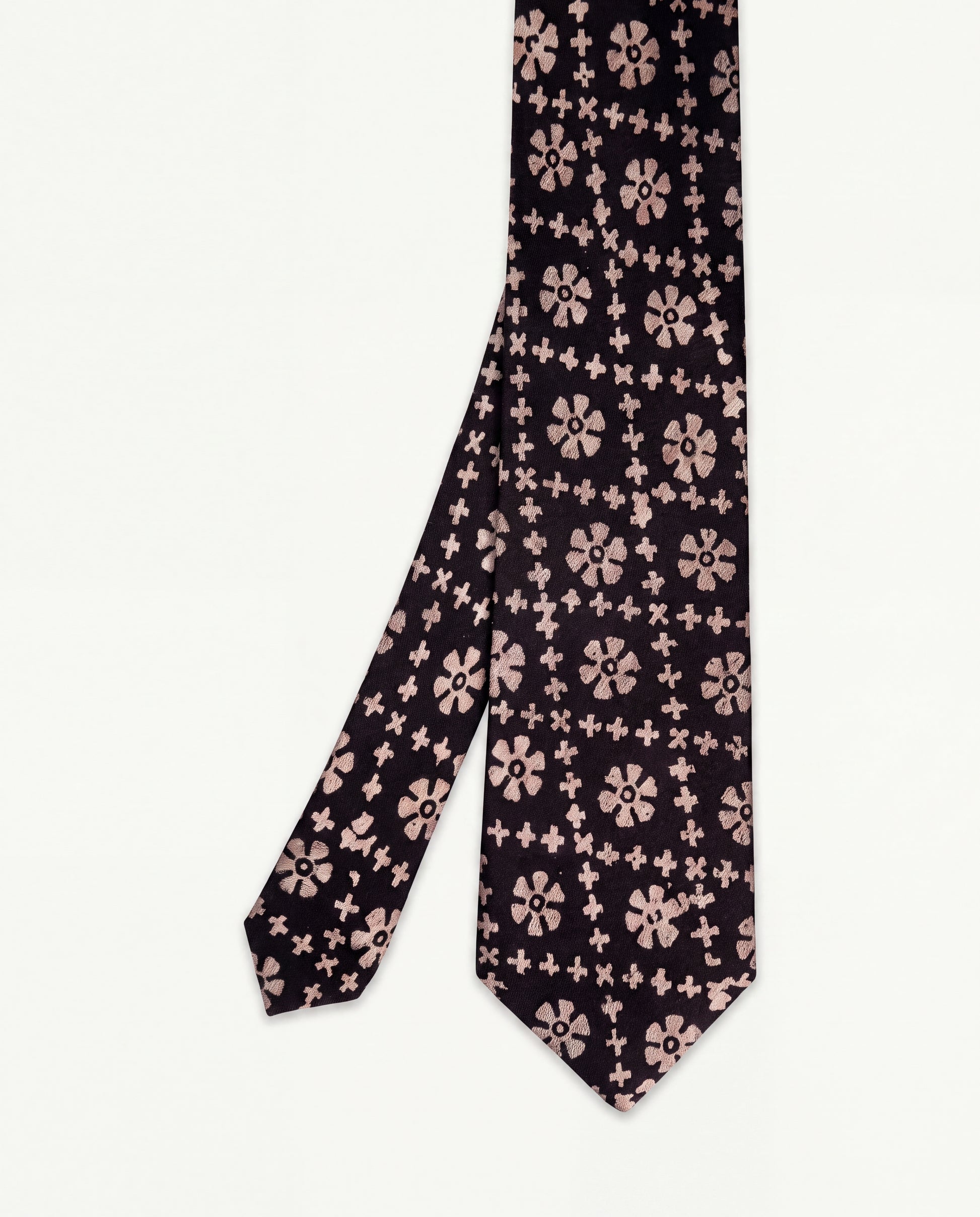 Rustic Mosaic Natural Dye Silk Necktie handcrafted from premium silk featuring a hand block printed mosaic-inspired floral pattern in deep brown and beige.