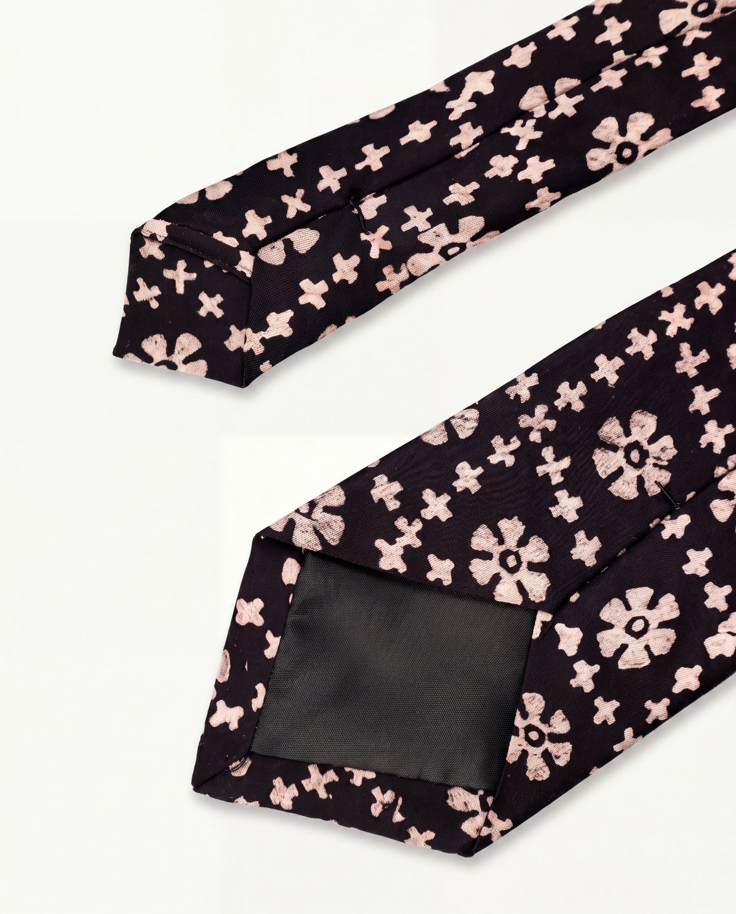 Rustic Mosaic Natural Dye Silk Necktie handcrafted from premium silk featuring a hand block printed mosaic-inspired floral pattern in deep brown and beige.