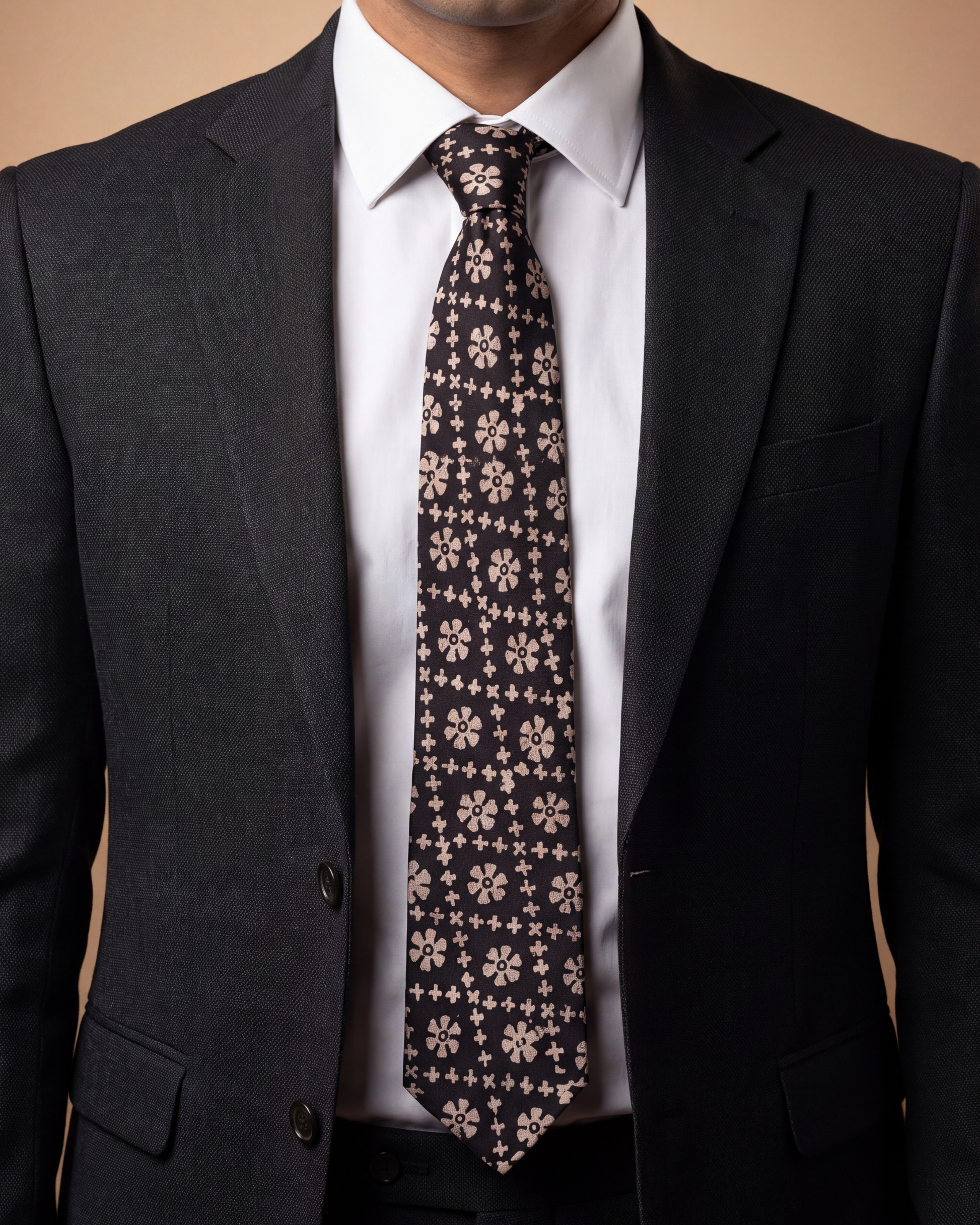 Rustic Mosaic Natural Dye Silk Necktie handcrafted from premium silk featuring a hand block printed mosaic-inspired floral pattern in deep brown and beige.