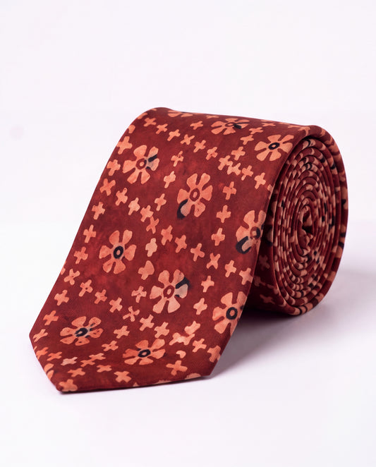 Natural Dye Silk Necktie Maroon Mosaic