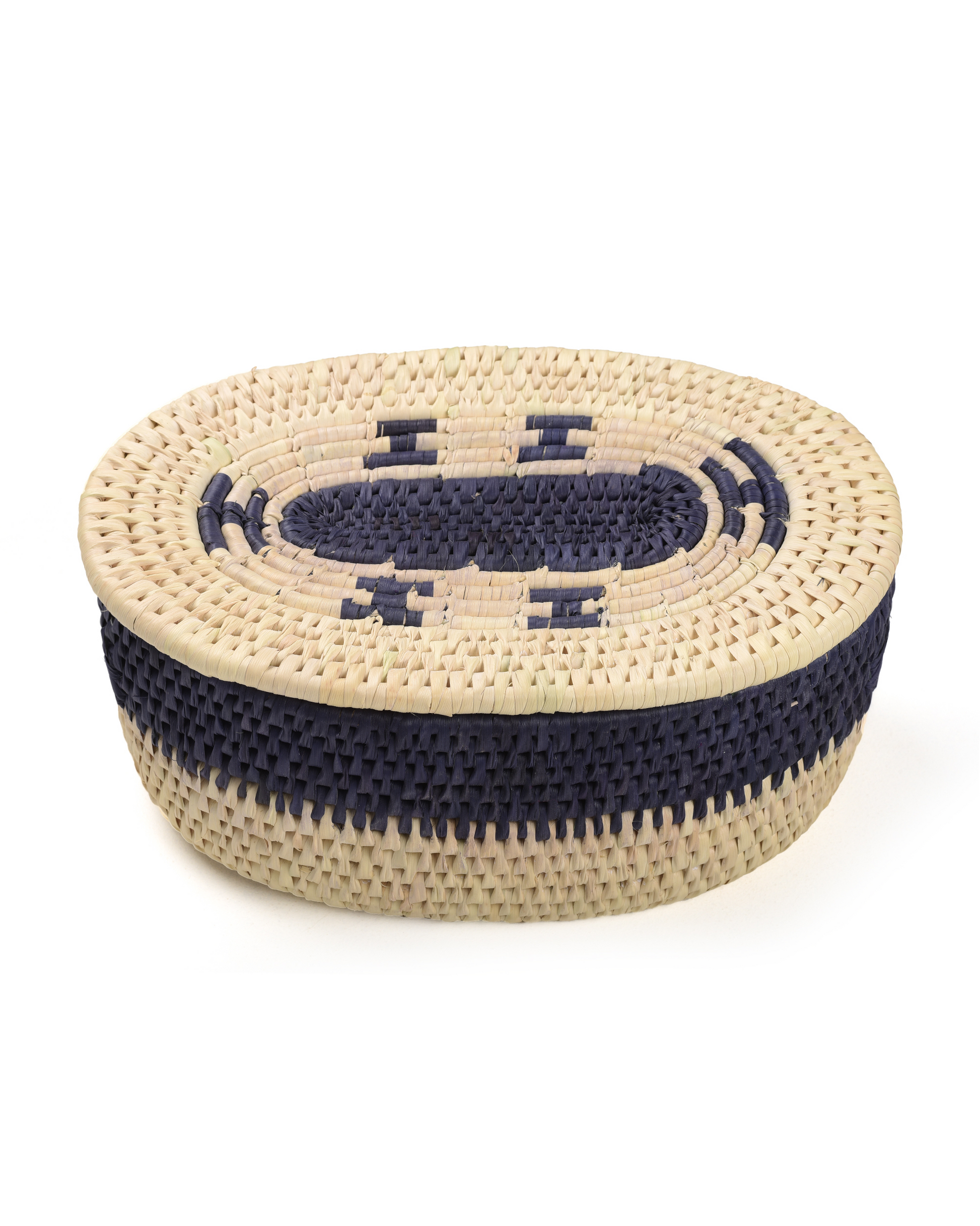 Woven basket with navy blue accents on a white background