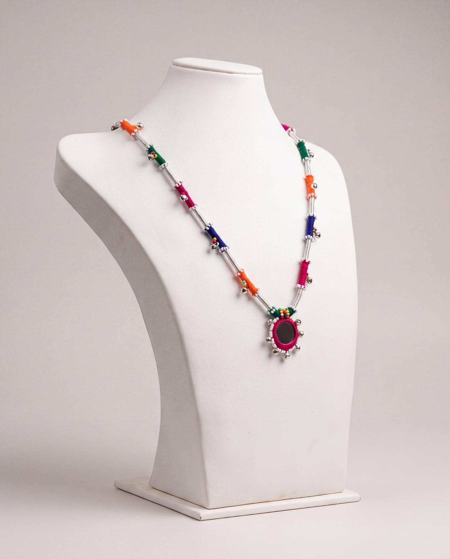 Handcrafted Balochi Mirror Bell Necklace with Colorful Threadwork and Silver Bells