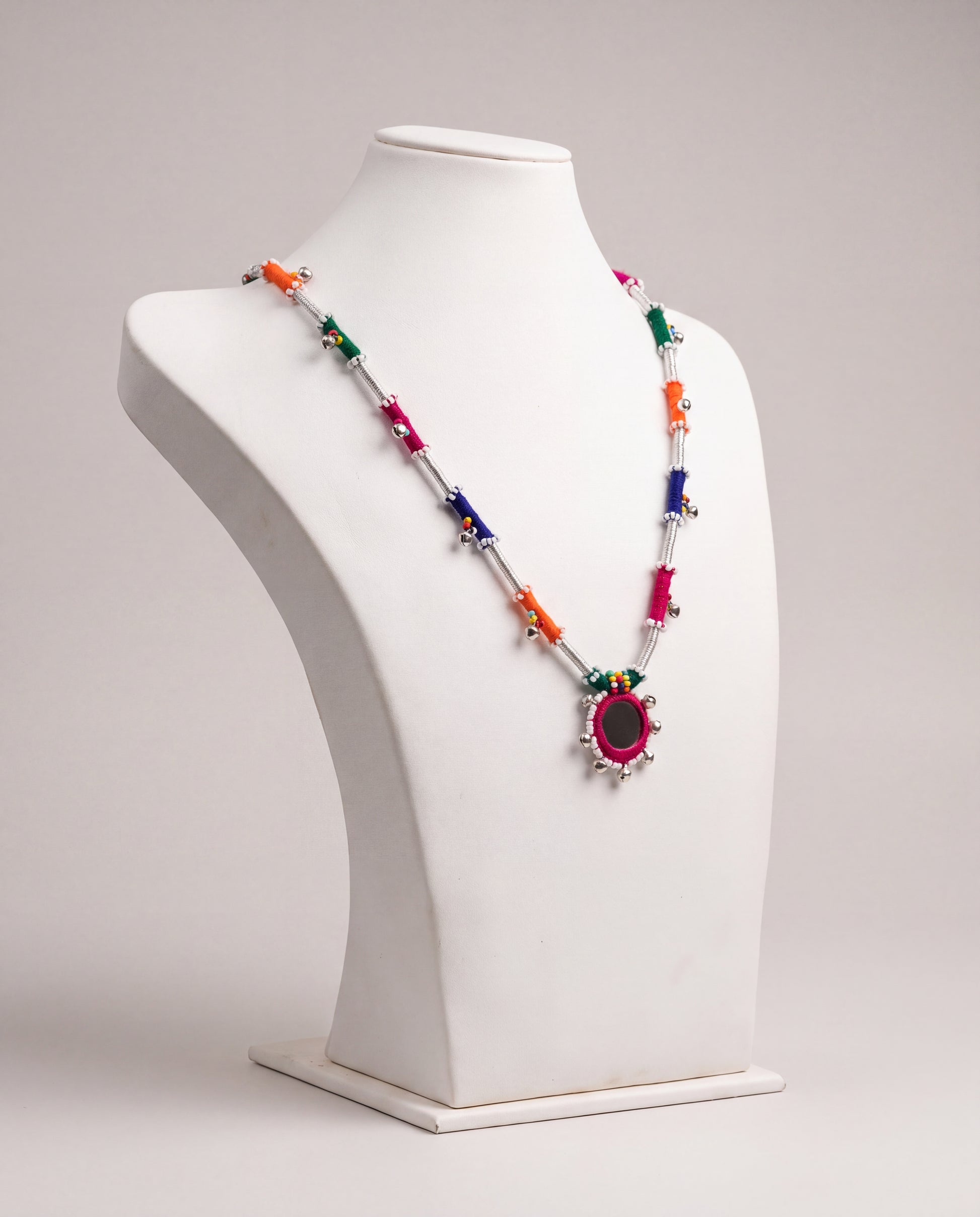 Handcrafted Balochi Mirror Bell Necklace with Colorful Threadwork and Silver Bells