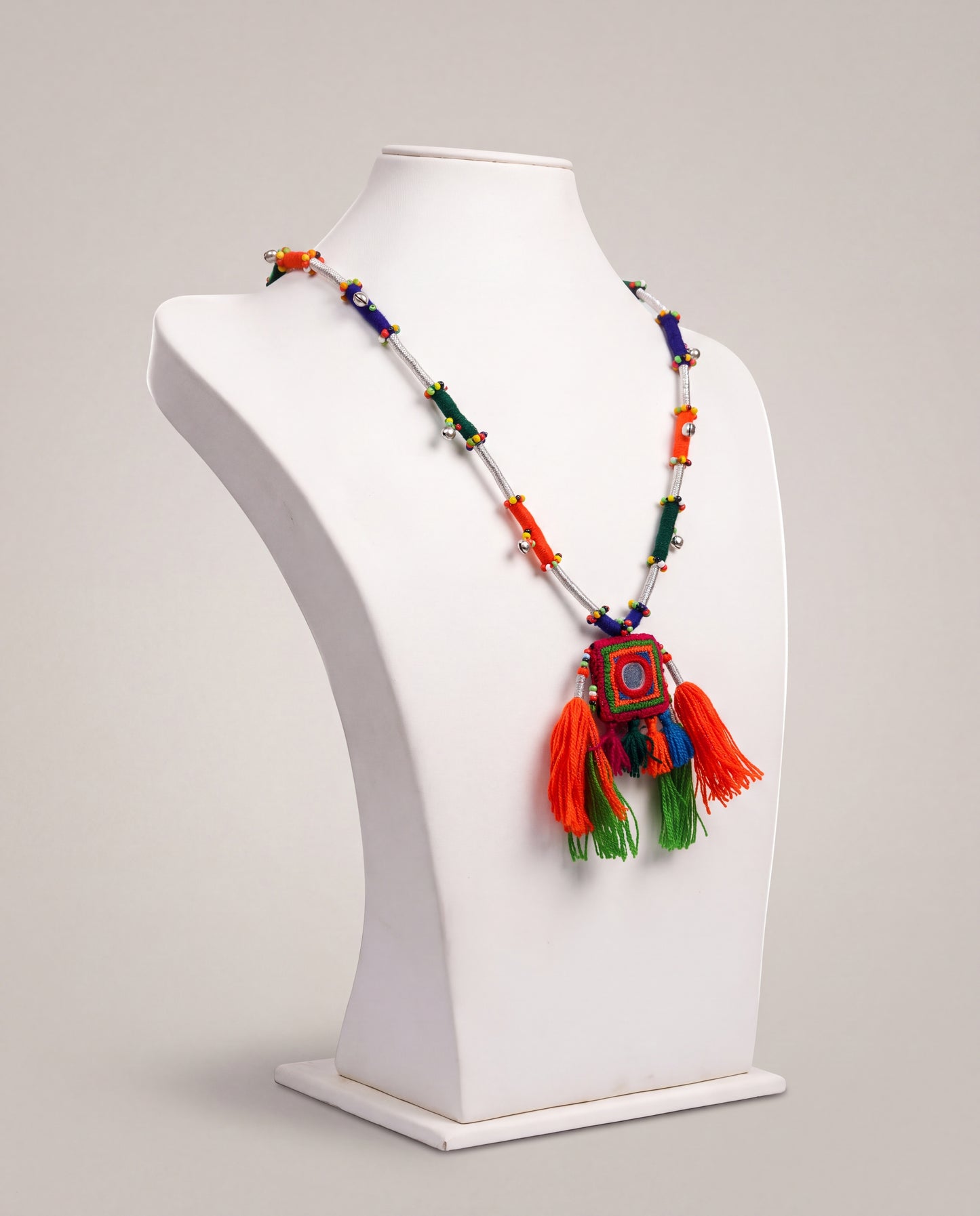 Handcrafted Balochi Tassel Mirror Necklace with Colorful Tassels and Silver Bells