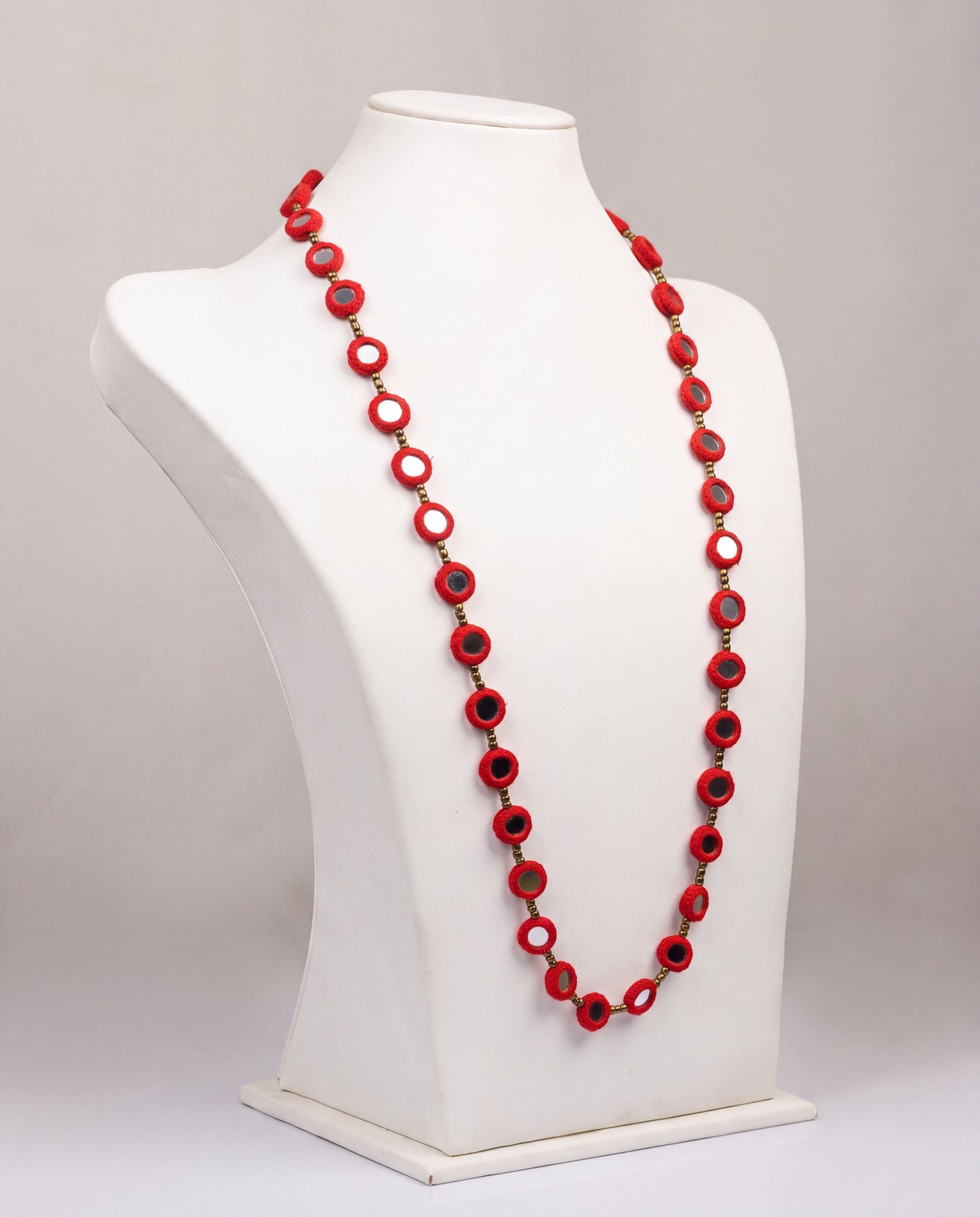 Handcrafted Red Balochi Mirror Work Crochet Necklace with Brass Beads