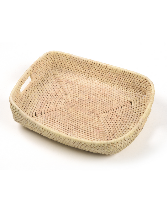 Beige woven tray on a white background