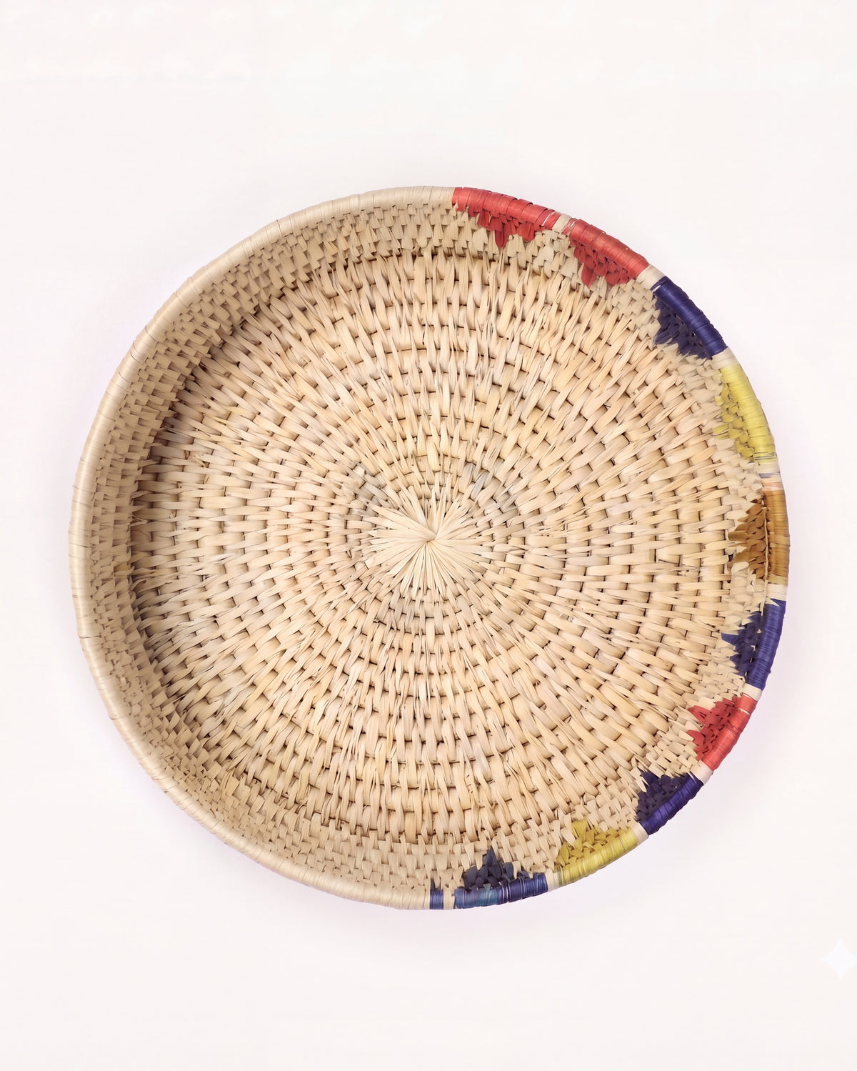 Multicolor handwoven date-leaf serving tray with red blue and yellow woven accents