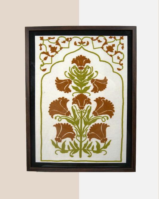 Wall hanging framed  kundi craft artwork with a floral design on a beige background