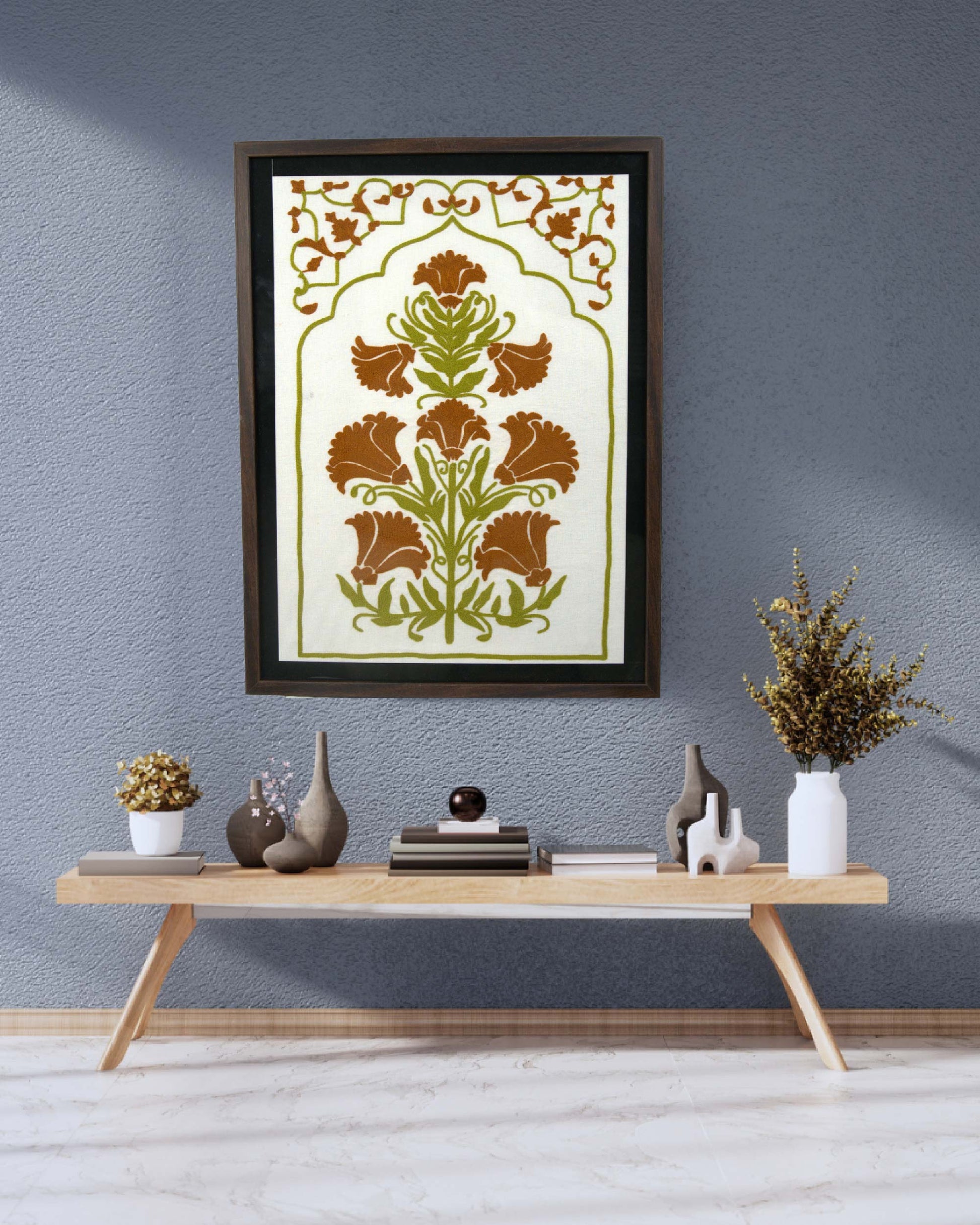 Wall hanging framed  kundi craft artwork with a floral design