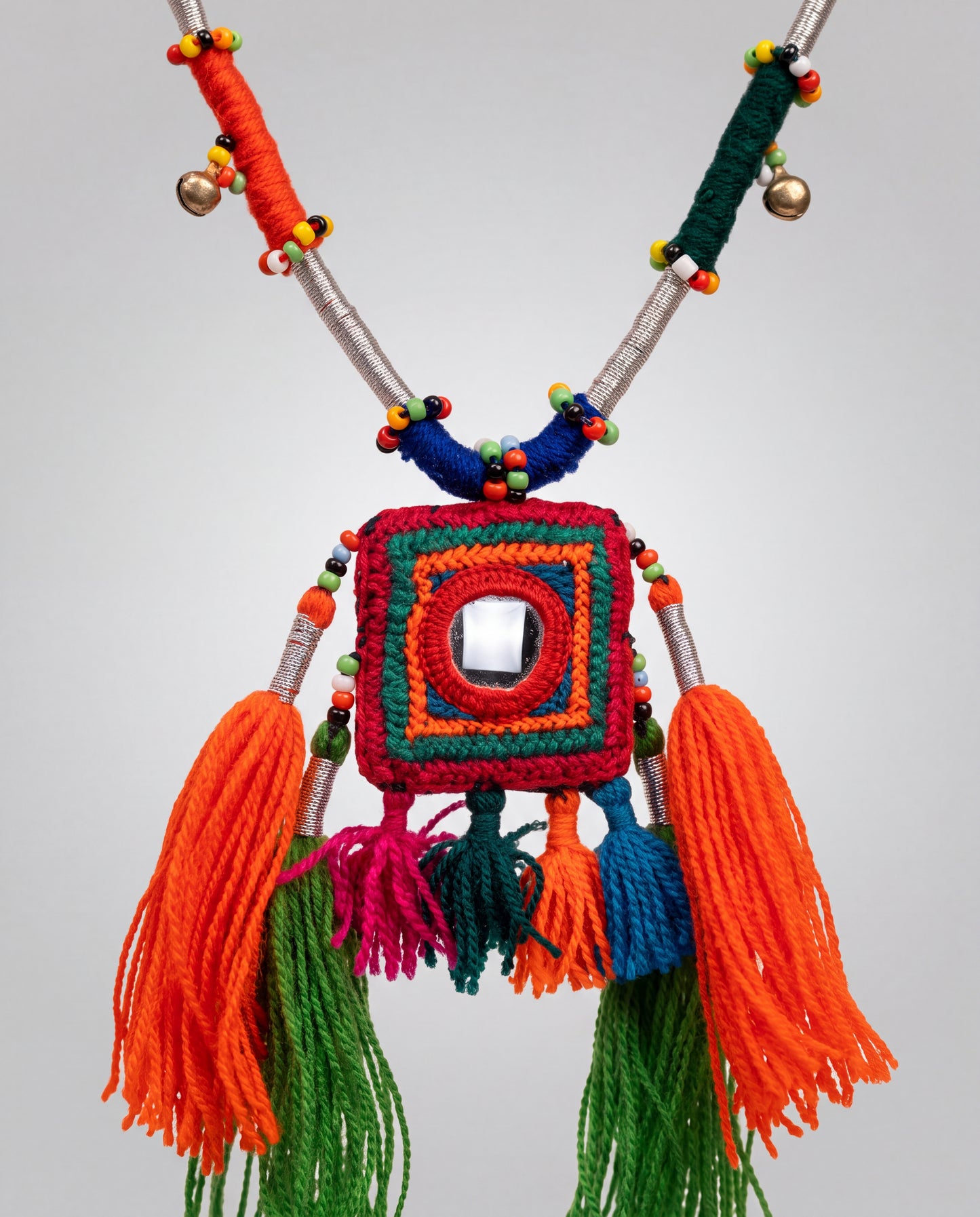 Handcrafted Balochi Tassel Mirror Necklace with Colorful Tassels and Silver Bells