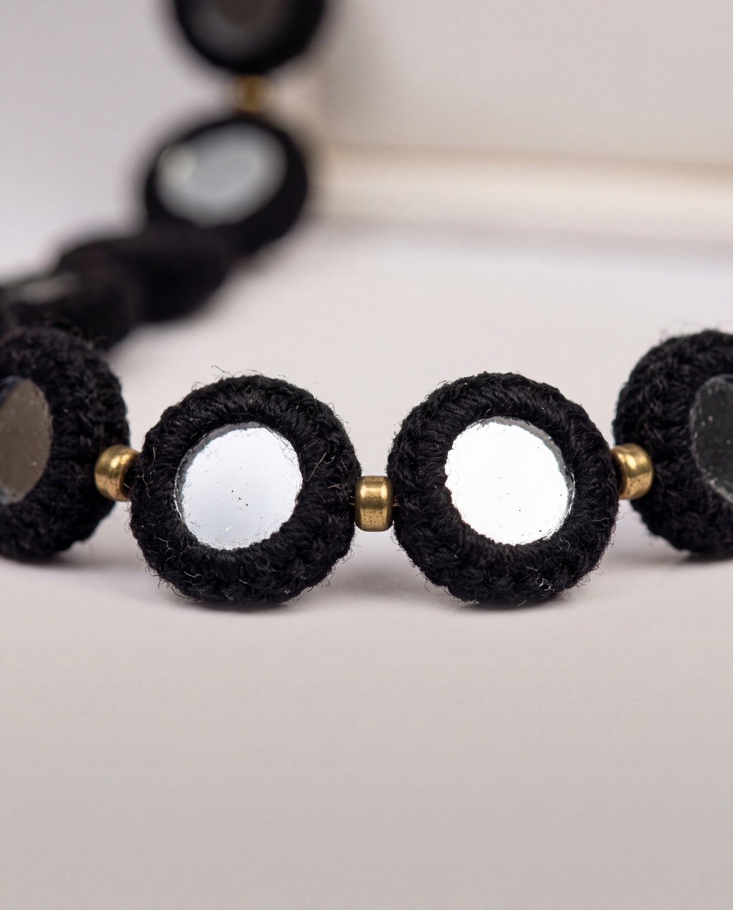 Handcrafted Balochi Mirror Work Crochet Necklace in Black with Brass Beads