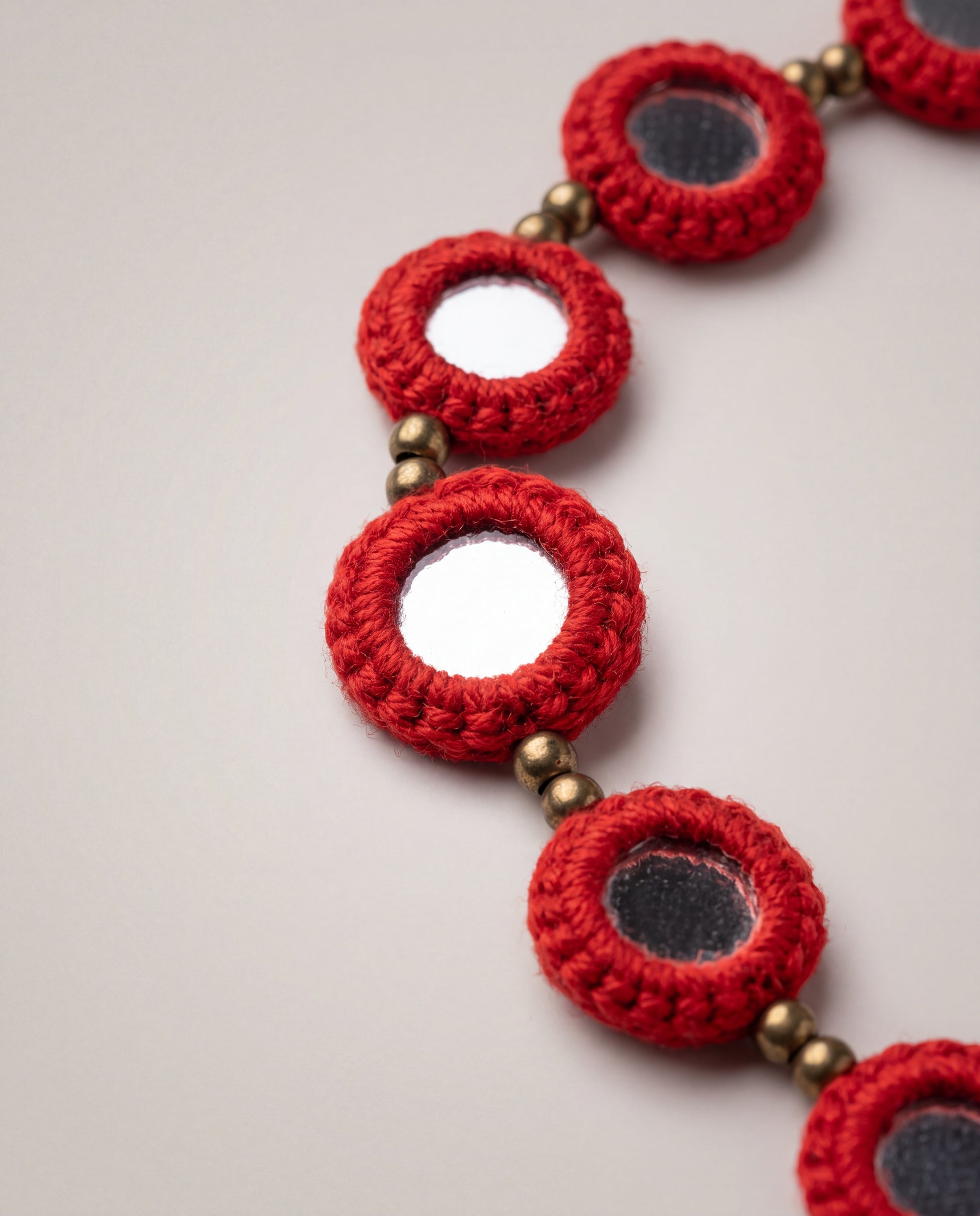 Handcrafted Red Balochi Mirror Work Crochet Necklace with Brass Beads